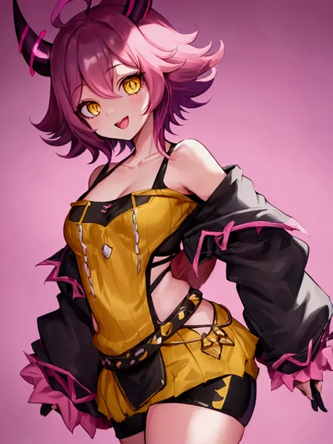 mina ashido, 1girl, solo, looking at viewer, smile, short hair, open mouth, simple background, long sleeves, white background, bare shoulders, collarbone, yellow eyes, pink hair, :d, heart, cowboy shot, horns, shorts, off shoulder, sweater, hand on hip, v,...