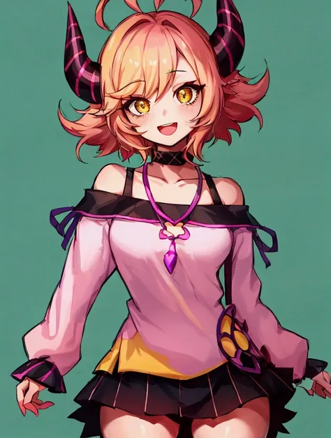 mina ashido, 1girl, solo, looking at viewer, smile, short hair, open mouth, simple background, long sleeves, white background, bare shoulders, collarbone, yellow eyes, pink hair, :d, heart, cowboy shot, horns, shorts, off shoulder, sweater, hand on hip, v,...