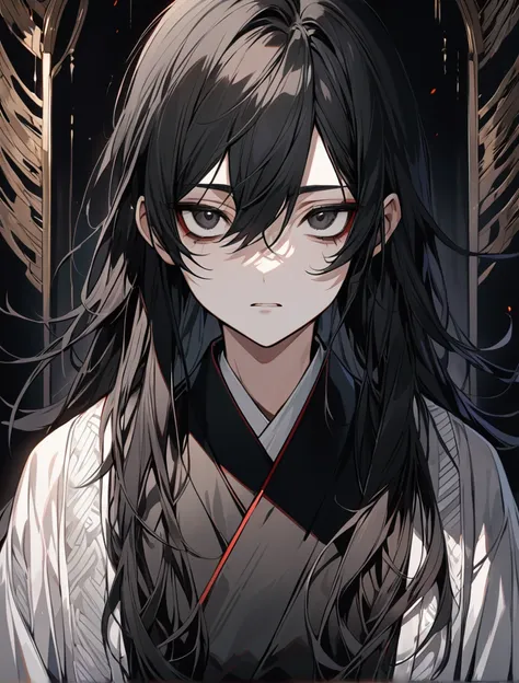 (black_hair), (long_hair), (deep_black_eyes), (high_detailed_eyes), (attractive), (emotionless), (male), (wearing _a_Unique_kimono), (detailed_Hair), (detailed), (detailed_mouth), (young_appearance), (dark_under_eyes)