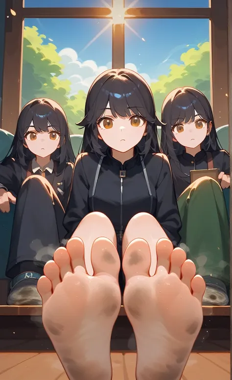 wallpaper, best quality, Very detailed, masterpiece, Extremely detailed, illustration, sky,Foot Focus,,  Frowning, barefoot, Dirty feet,Stinky feet,Steam around feet,