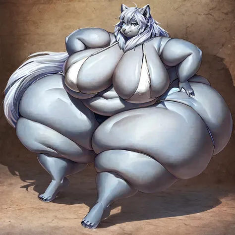 Silver wolf, female, huge breasts, huge hips, huge thighs, plump, voluptuous, morbidly obese, fat arms, fat legs, belly rolls, fat rolls,silver body,white spots,white markings, silver eyes,silver hair,shiny hair,messy hair,bikini