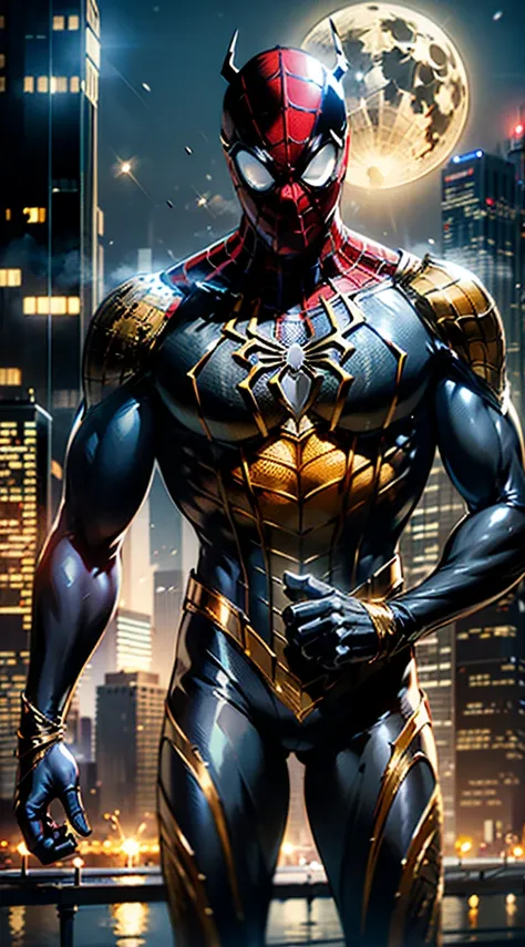 An artistic interpretation of  ((male Spider-Man)), (((adorned in a striking black and gold armor designed intricately))), stands heroically amidst the bustling streets of New York City beneath the luminous glow of a full moon. The intricately designed sui...