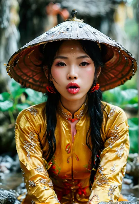 vietnamese woman，Beautuful Women，Crawling on all fours，crawling on hands and knees，Kneeling position，((put out the tongue))，(((Drooling)))，((dripping saliva))，Kamimei，(((Ao Dai)))，(Landscape of Vietnam)， surrealism, F/1.2, Fuji Film, 35 mm, 8K, Super Detai...