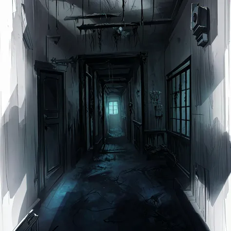 there is a photo of the hallway，light comes in from the window, prison background, silent hill concept art, creepy liminal space...