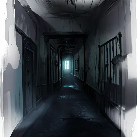 there is a photo of the hallway，light comes in from the window, prison background, silent hill concept art, creepy liminal space...