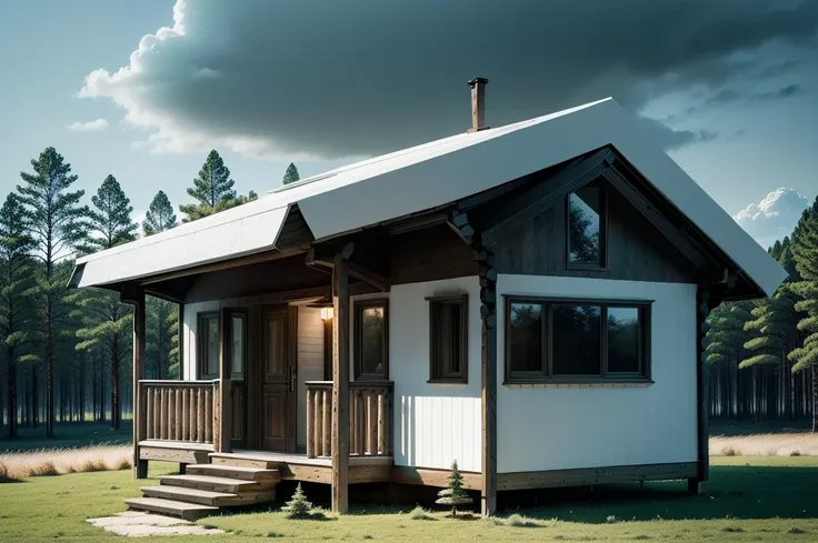 amazing awesome futuiristic sci fi log cabin home , amazing lighting, pure white technology style, varying styles, exterior shot...