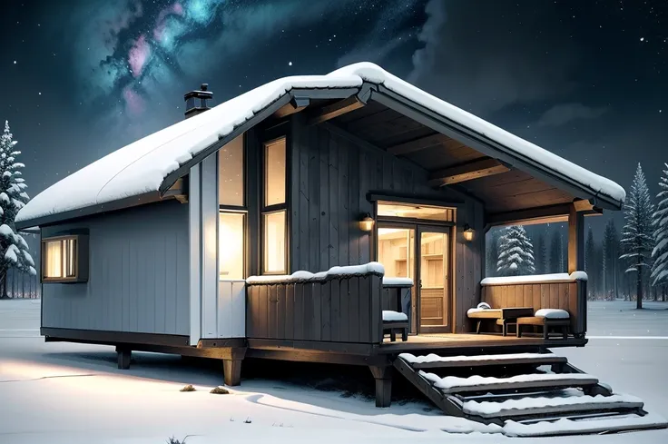 amazing awesome futuiristic sci fi log cabin home , amazing lighting, pure white technology style, varying styles, exterior shot...