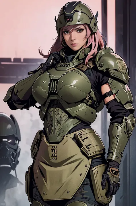 solid metal gear style, (detailded intricate full cover tactical helmet:1.3), (pink  hair), cowboy shot, dynamic pose, 1 girl, s...