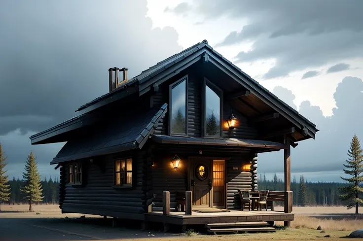 amazing awesome futuiristic sci fi log cabin home , amazing lighting, varying styles, exterior shot taken in forest, amazing sha...