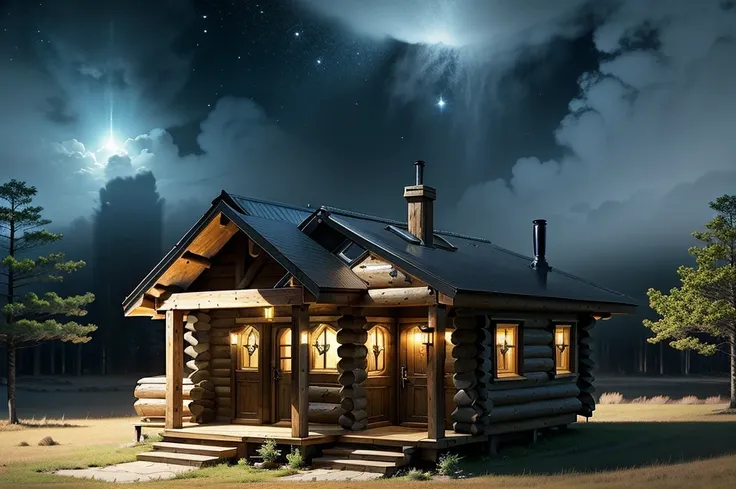 amazing awesome futuiristic sci fi log cabin home , amazing lighting, varying styles, exterior shot taken in forest, amazing sha...