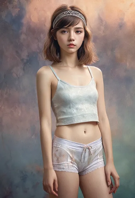 (cinematic photo:1.3) from (thigh-length photos:1.3),(slim:1.2) ((mini croptop, tight white thong, navel )) beautiful 14 years o...