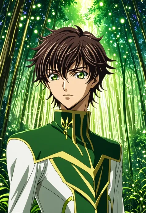 ""create a detailed fantasy close-up artwork of a boy in an enchanted forest in the art style of code geass. his spiky, tousled ...