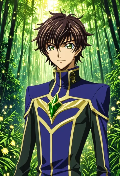 ""create a detailed fantasy close-up artwork of a boy in an enchanted forest in the art style of code geass. his spiky, tousled ...