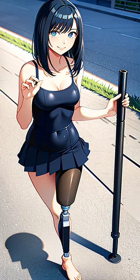 best quality, 1girl, solo, standing, school hall, medium hair, black hair, straight hair, looking at her prosthetic leg, small b...