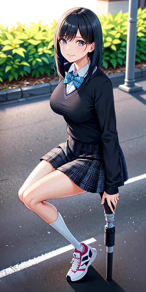 best quality, 1girl, solo, standing, outdoors, medium hair, black hair, straight hair, looking at viewer, medium breasts,  (prosthetic leg:1.2), full body, smiling, (skirt:1.4), sneakers, plaid skirt, blue skirt, Japanese uniform, female uniform. 