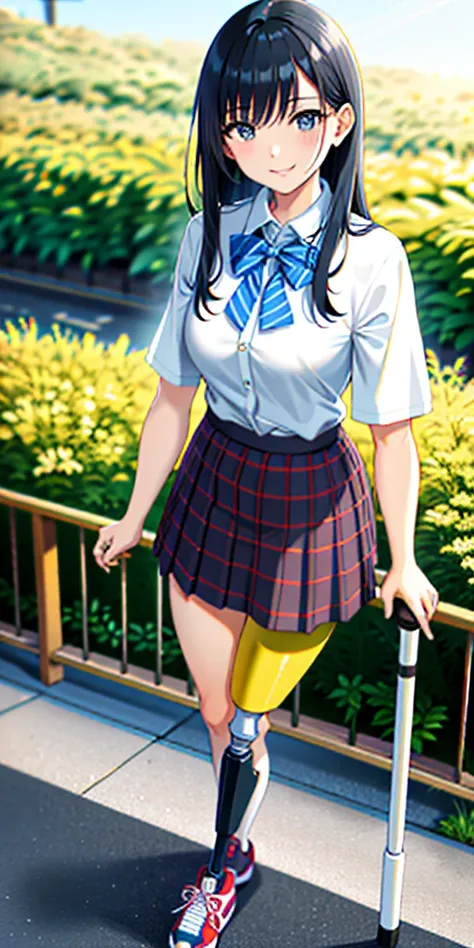 best quality, 1girl, solo, standing, outdoors, medium hair, black hair, straight hair, looking at viewer, medium breasts,  (prosthetic leg:1.2), full body, smiling, (skirt:1.4), sneakers, plaid skirt, blue skirt, Japanese uniform, female uniform. 