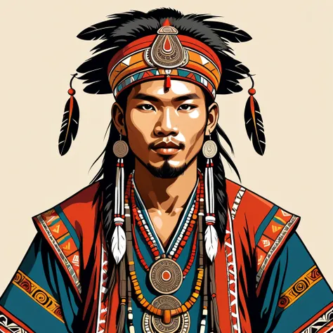 man in folk outfit from an unknown asian tribe, vector graphics, strong contours
