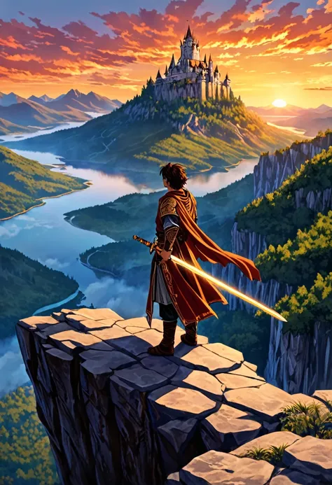 ""create a detailed fantasy close-up artwork of a boy standing on a cliff at sunset, overlooking a vast, mystical landscape. he ...