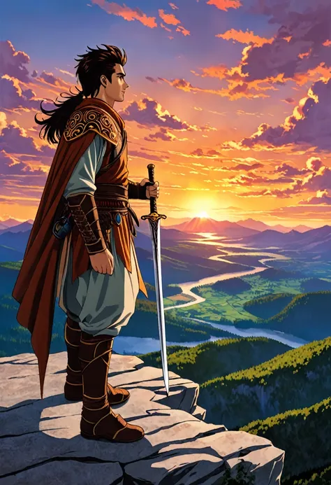 ""create a detailed fantasy close-up artwork of a boy standing on a cliff at sunset, overlooking a vast, mystical landscape. he ...