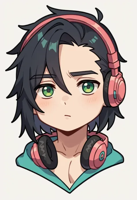 expressiveh, chibiicon, cartoon, 1male, black hair, medium length hair, depressed mood, headphones , green eyes, chibi style, bl...