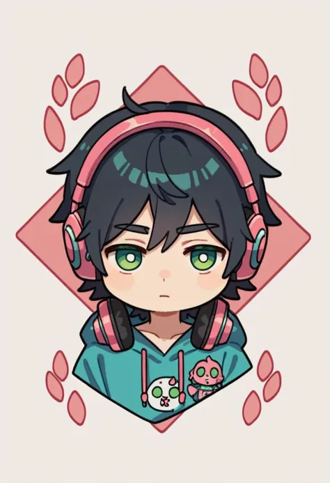 expressiveh, chibiicon, cartoon, 1male, black hair, medium length hair, depressed mood, headphones , green eyes, chibi style, bl...