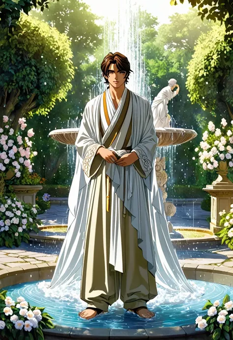 ""create a detailed fantasy close-up artwork of a boy standing in a grand, ornate fountain in a magical courtyard. he should be ...