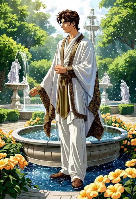 ""create a detailed fantasy close-up artwork of a boy standing in a grand, ornate fountain in a magical courtyard. he should be ...