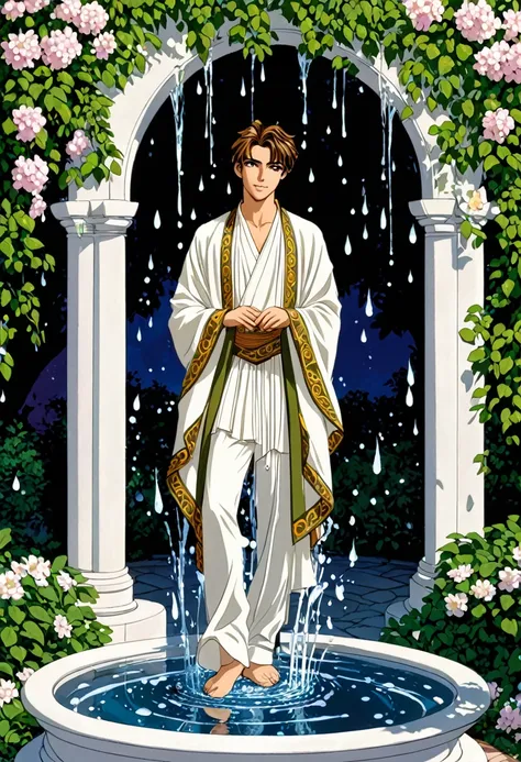 ""create a detailed fantasy close-up artwork of a boy standing in a grand, ornate fountain in a magical courtyard. he should be ...