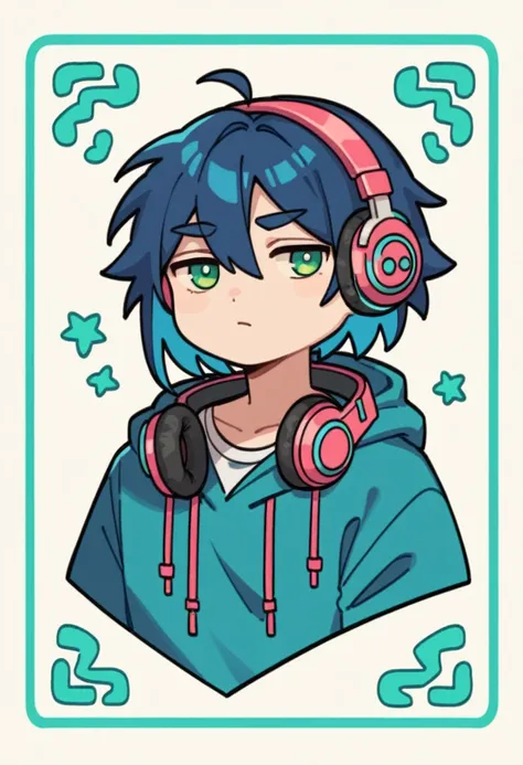 expressiveh, chibiicon, cartoon, 1male, very dark blue  hair, medium length hair, depressed mood, headphones , green eyes, chibi...