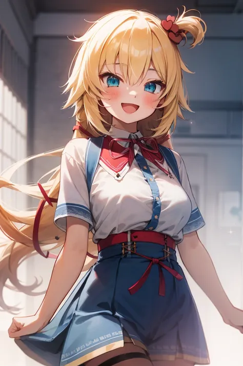 masterpiece, akai haato, hololive, 1girl, bangs, blonde hair, blue eyes, blush,big breasts, collared shirt, hair between eyes, hair ornament,heart, heart hair ornament, long hair, , neck ribbon, one side up, red ribbon, ribbon, shirt, short sleeves, sidelo...