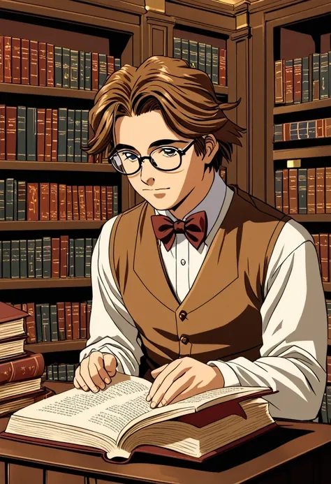 "create a detailed close-up artwork of a librarian boy in a cozy, old-fashioned library. he should be wearing classic, scholarly...