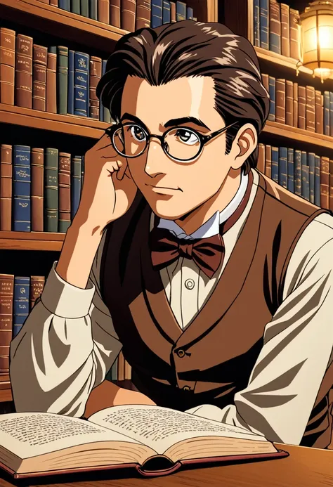 "create a detailed close-up artwork of a librarian boy in a cozy, old-fashioned library. he should be wearing classic, scholarly...