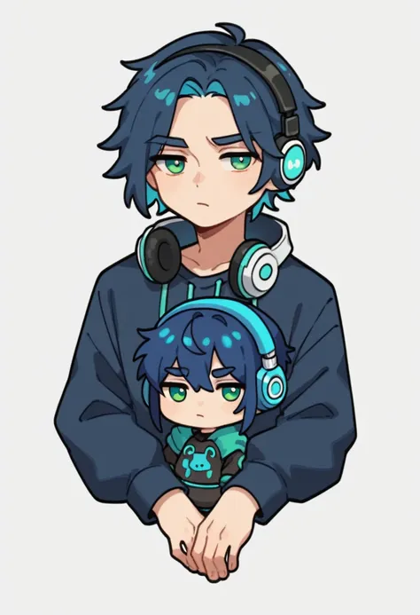 expressiveh, chibiicon, cartoon, 1male, very dark blue hair, medium length hair, depressed mood, headphones , green eyes, chibi ...