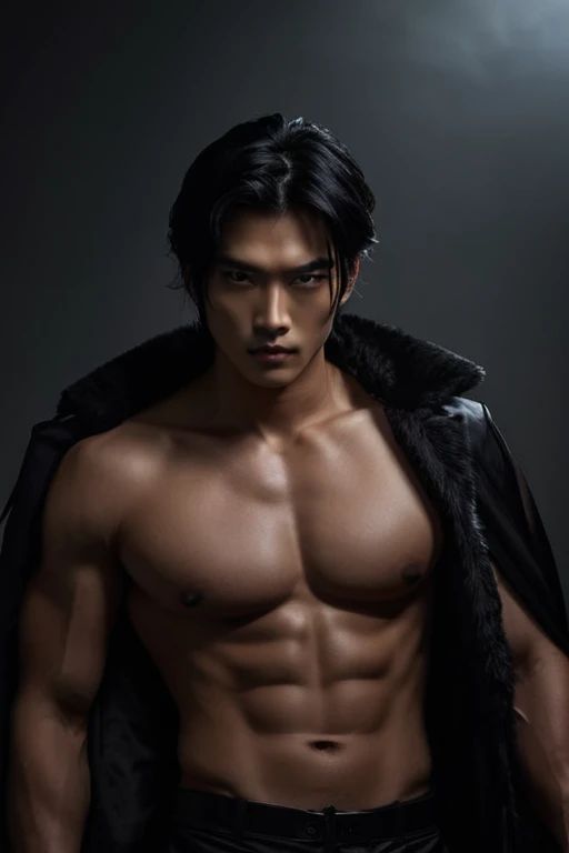 Male, Asian. Hair black to the shoulders. Dramatic image, sexy, bold, rough. Full lips, elongated face, sharp chin. Dark prince, in a white shirt with the buttons on his chest undone. A stern look in his dark eyes.