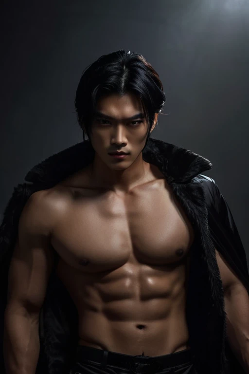 Male, Asian. Hair black to the shoulders. Dramatic image, sexy, bold, rough. Full lips, elongated face, sharp chin. Dark prince, in a white shirt with the buttons on his chest undone. A stern look in his dark eyes.