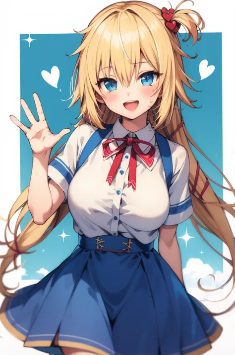 masterpiece, akai haato, hololive, 1girl, bangs, blonde hair, blue eyes, blush,big breasts, collared shirt, hair between eyes, h...