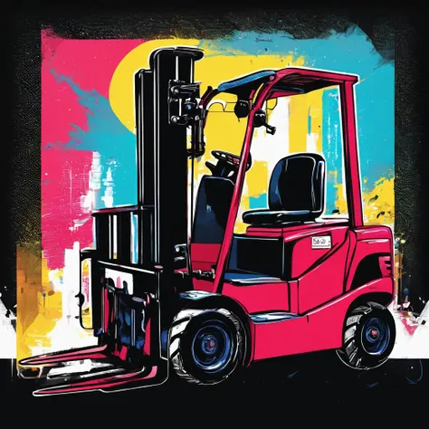 a simple forklift, extremely detailed forklift front, 2 metal forks in front, black background, sparkling