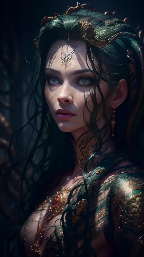 ((best quality)), ((masterpiece)), ((realistic)), Medusa, full body, the hair is composed of countless small snakes, green eyes, female face, metal carved top, royal aura, trend on artstation , sharp focus, studio photo, intricate detail, very detailed, de...