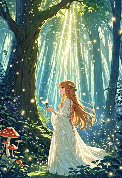 ""Create a detailed fantasy artwork of a girl in an enchanted forest. She should have long, flowing hair intertwined with leaves and flowers, wearing an ethereal gown that blends seamlessly with her natural surroundings. The forest around her should be den...