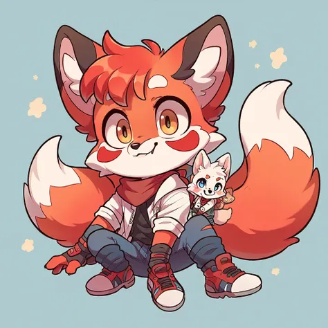 little fox, boy, white fur, red details on face, red details on body, 9 tails, chibi, cute