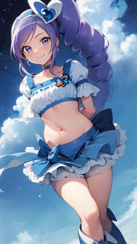 masterpiece, Highest quality, Show Viewer, , (belly button出し:1.2),,smile,arms behind back
One Girl, (Cure Berry:1.1), Pretty Cure, Wrist cuff, Blue Skirt, Side Ponytail, Blue Boots, gem, hair band, Navy Knee Socks, belly button, Blue Ribbon,