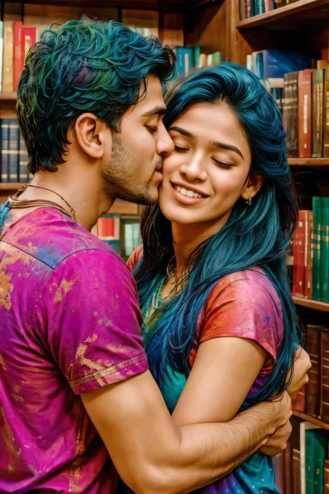 a young boy and woman passionately kissing, hugging tightly, blushing intensely, eyes closed, in a colorful collage, book librar...