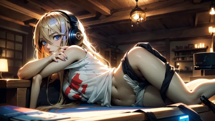 Create an image of a beautiful, erotic anime girl with long blonde hair, and happy eyes, showing her stomach, relaxing in a cozy lounge. She is wearing a cutoff shirt and shorts, with headphones on, enjoying her music while sitting in her gaming chair. The...