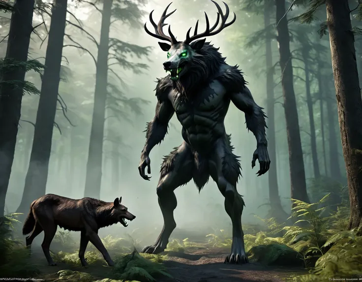 full body portrait of scary big black beast, feral, long legs, four legged, wolf tiger deer bear skull face, horns, antlers, deer, tiger, wolf, wendigo, bear, hybrid with beryl green eyes, black smoke off body, beryl green smoke from mouth, dark mysterious...