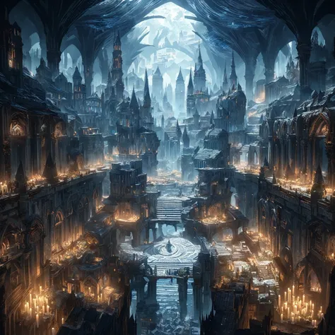  anime aestetics, anime scenery,( unerground city:2), medieval city, shining celling,( blue and grey colours: 2), mystic city, gothic architecture, multy leveled city, elden ring, dark fantasy, dnd, beautiful scenery, nokron, dim light, white candles, wide...