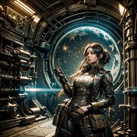 Detailing imagevof a steampunk futuristic military girl while in a planetary colony faces surreal aliens