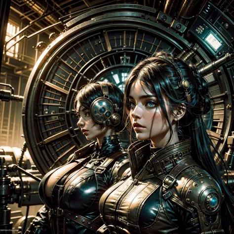 Detailing imagevof a steampunk futuristic military girl while in a planetary colony faces surreal aliens