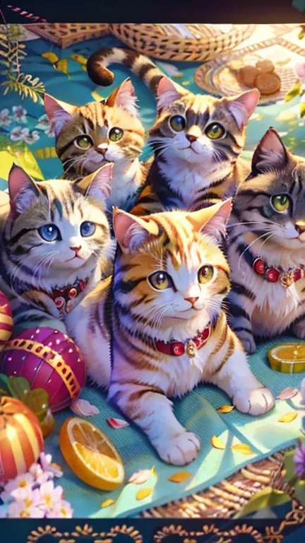 a group of cats sitting in a circle on a picnic blanket with magical circles, beautiful detailed eyes, beautiful detailed lips, extremely detailed eyes and face, long eyelashes, best quality, 8k, highres, masterpiece:1.2, ultra-detailed, HDR, UHD, studio l...