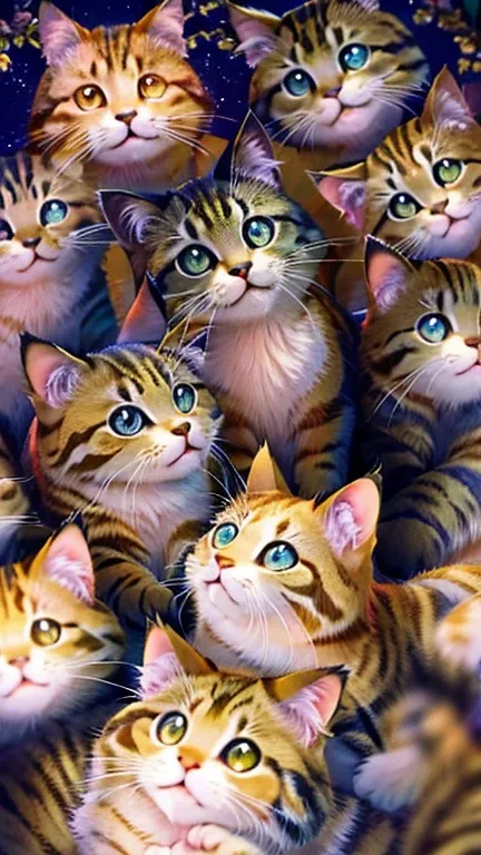 a group of cats sitting in a circle on a picnic blanket with magical circles, beautiful detailed eyes, beautiful detailed lips, extremely detailed eyes and face, long eyelashes, best quality, 8k, highres, masterpiece:1.2, ultra-detailed, HDR, UHD, studio l...