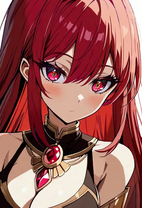 [masterpiece, High definition], (((anime style))), (((vtuber model))), 1 girl, solo, (((long ruby red hair))), straight hair, bangs, ((((eyes red and gold)))), red and gold eyes, detailed eyes, wonderful eyes, big breasts, {no background}, {Without backgro...